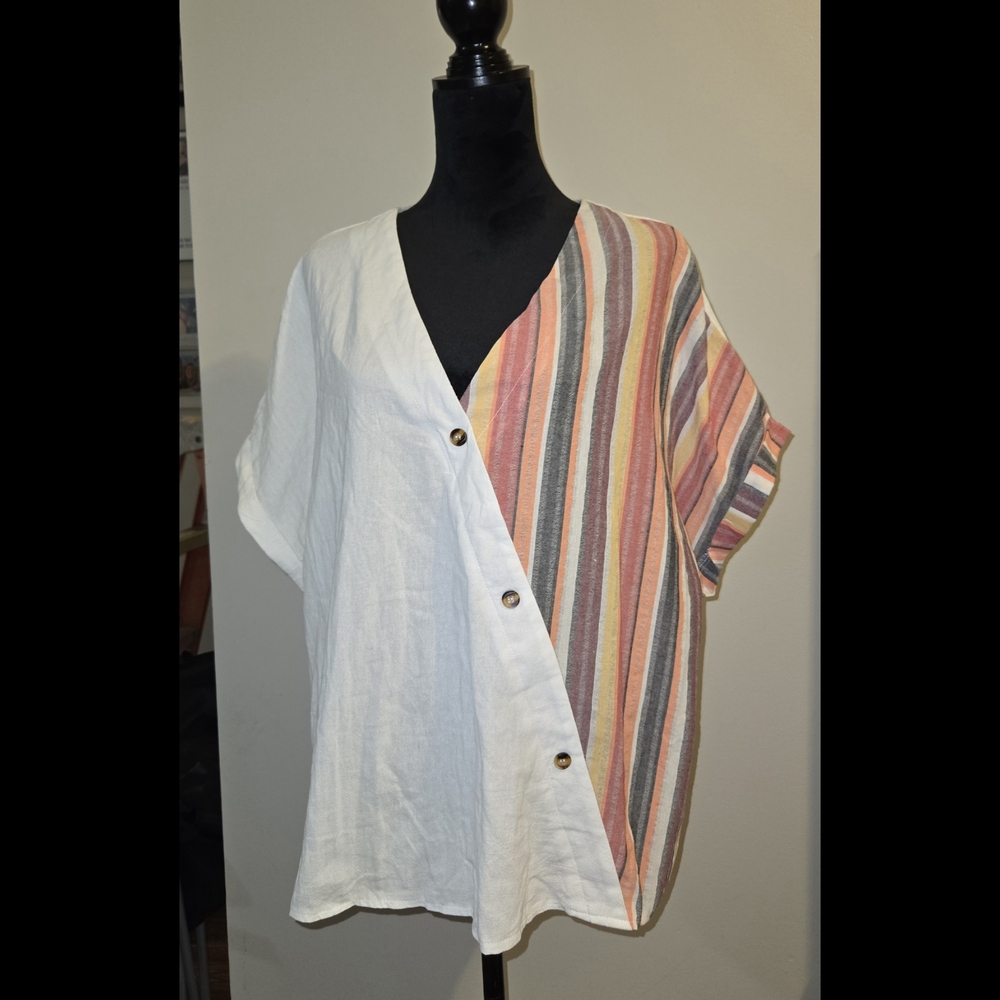 White and Brown Asymmetrical Short Sleeve Button Down Shirt